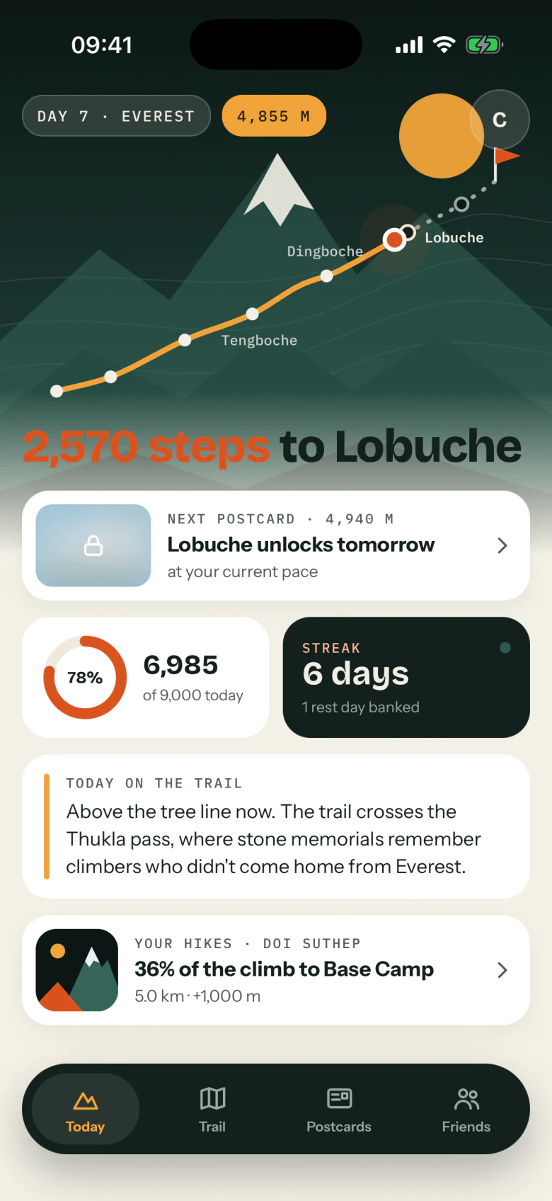 The Today screen on day 7 of the Everest trek: your marker on the trail just past Dingboche, 2,570 steps to Lobuche, today’s steps and a 6-day streak.